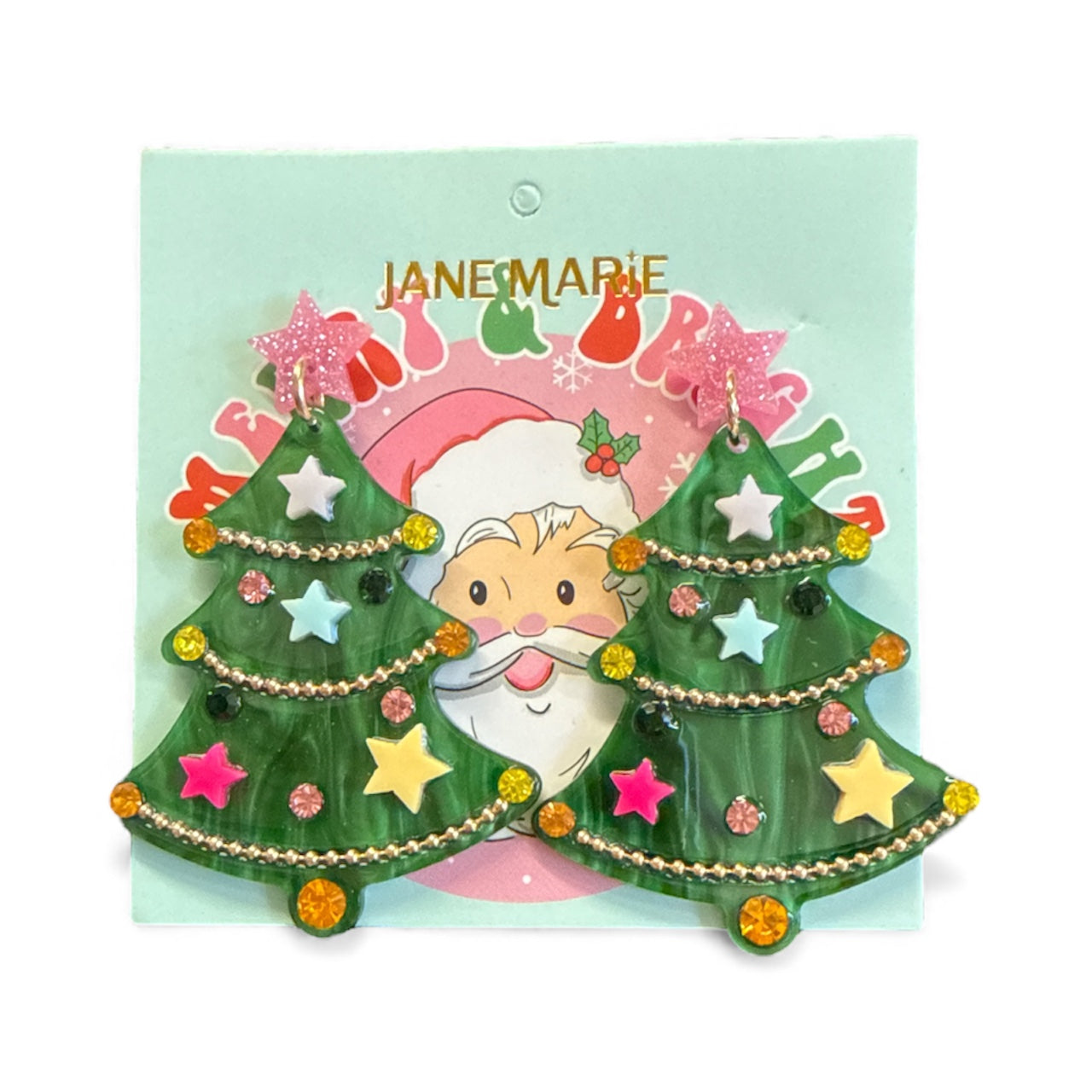 Green Acrylic Christmas Tree Post Earrings with Pink Star