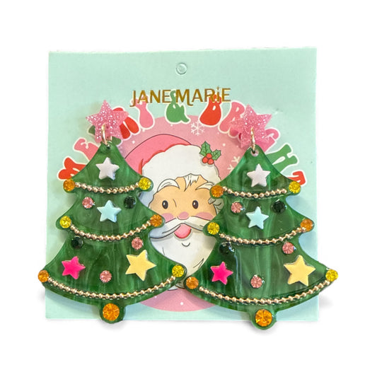 Green Acrylic Christmas Tree Post Earrings with Pink Star