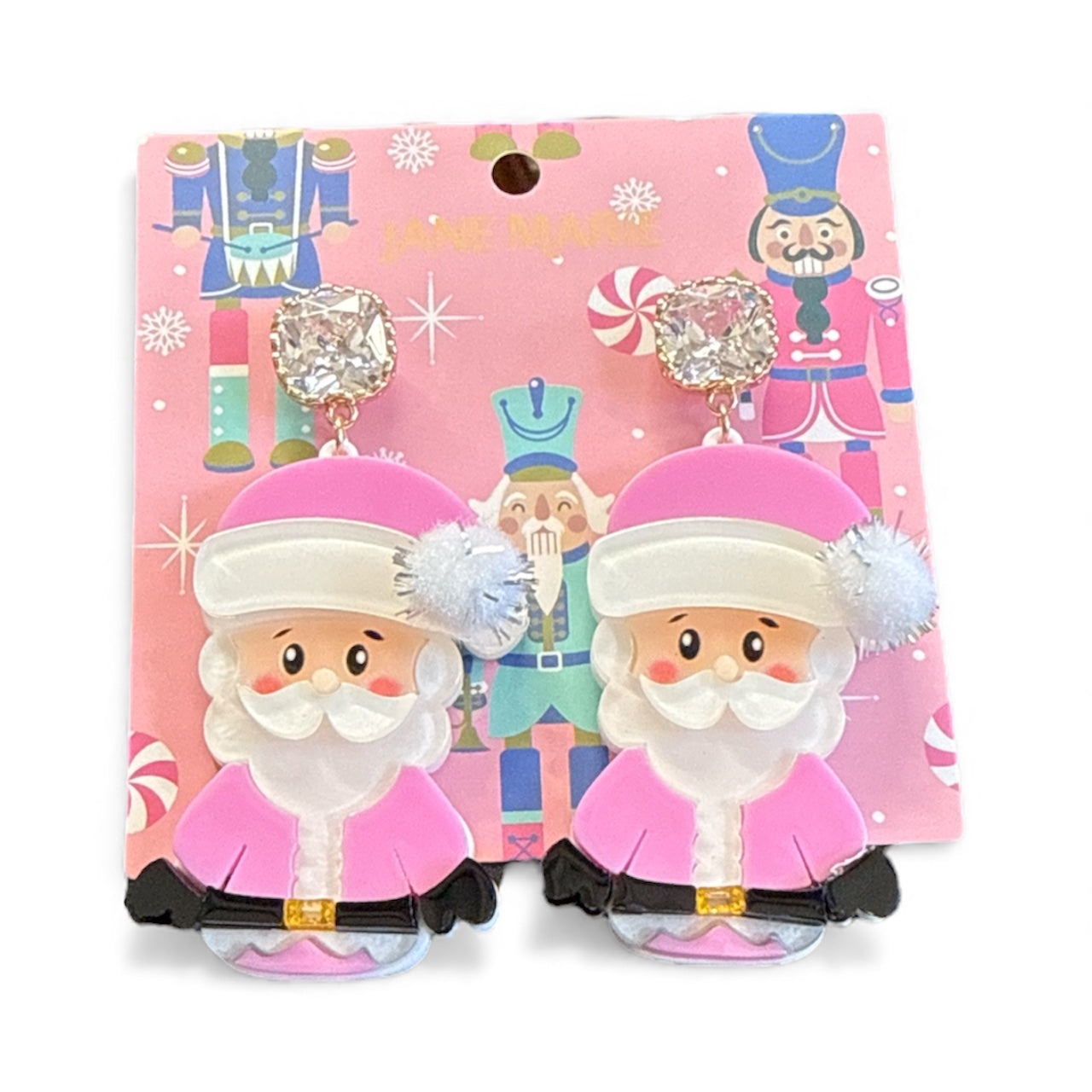 Acrylic Santa Post Earrings with White/Silver Pom & Clear Square Crystal