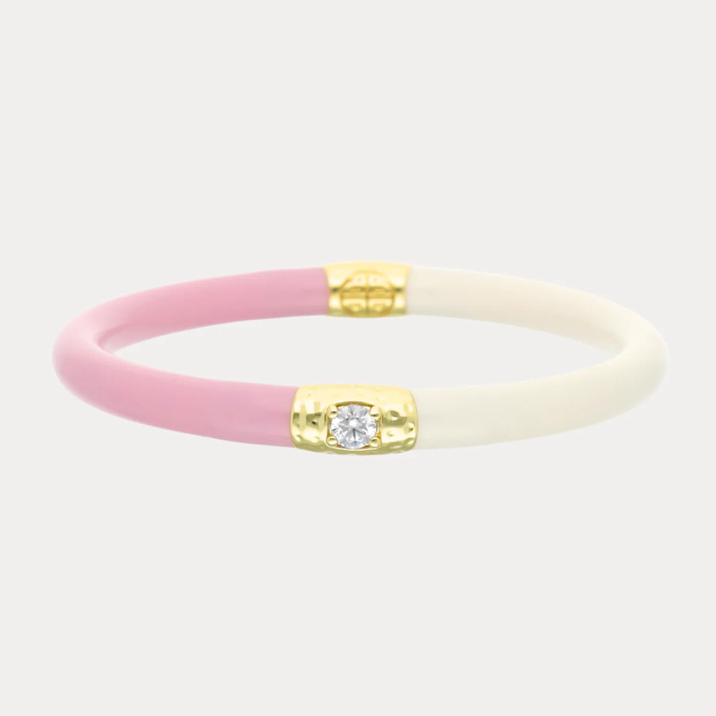 Pink & Ivory Single Yin & Yang All Weather Bangle® in light pink and cream with gold accents, round diamond. Available in S, M, L.