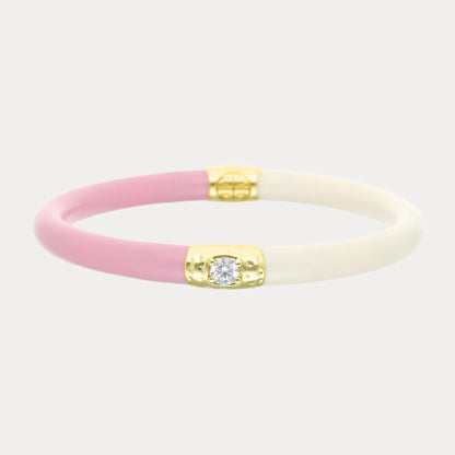 Pink & Ivory Single Yin & Yang All Weather Bangle® in light pink and cream with gold accents, round diamond. Available in S, M, L.