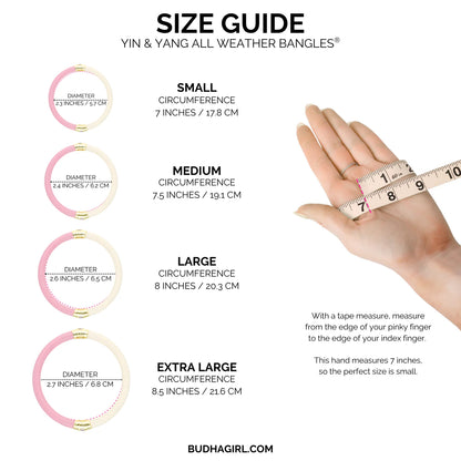 Pink & Ivory Single Yin & Yang All Weather Bangle®. Sizes: S (7"), M (7.5"), L (8"), XL (8.5"). Four size diagrams shown.