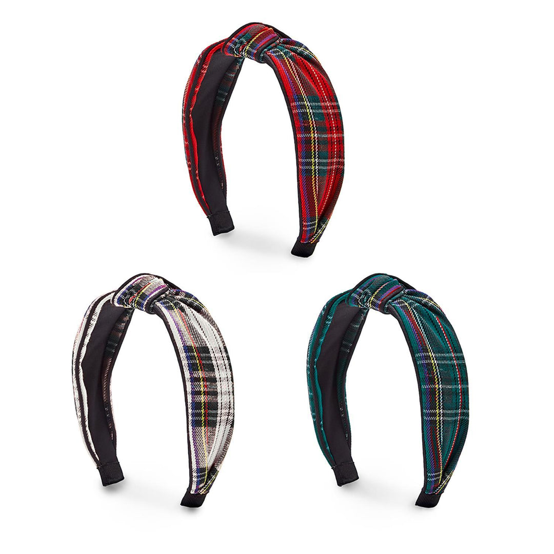 Plaid fabric headbands in red, white, and green. Available sizes: small, medium, large.
