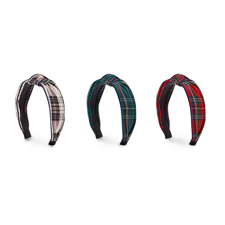 Three plaid fabric headbands in white, green, and red. Available sizes: S, M, L.