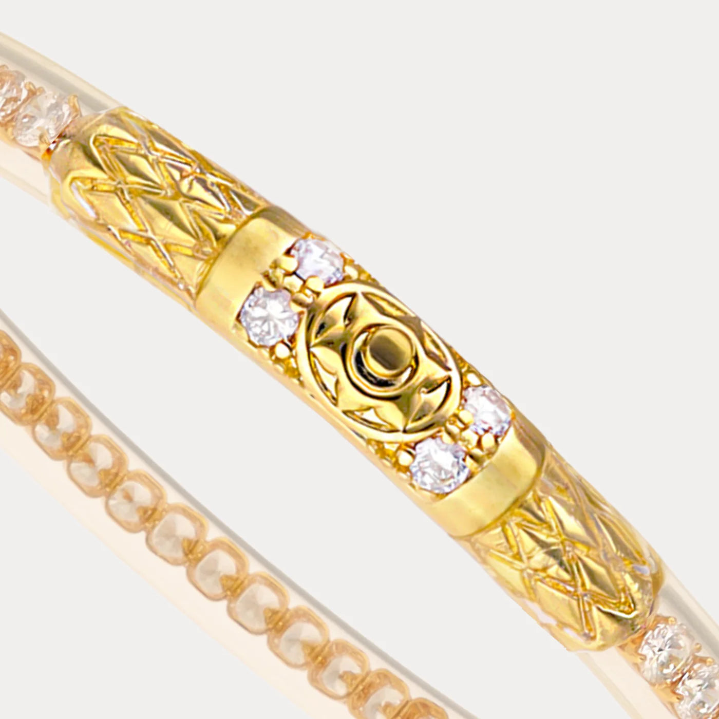 Queen All Weather Bangles® in Clear Crystal & Gold, intricate handcrafted details, clear crystals; available in S/M/L.