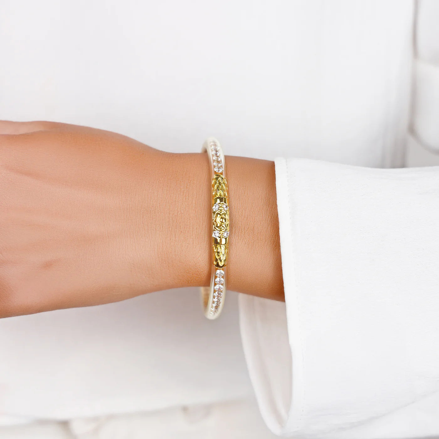 Queen All Weather Bangles® | Clear Crystal & Gold with gold centerpiece and clear crystal accents. Available in S, M, L.