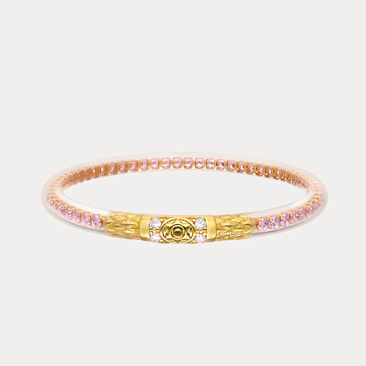 The Queen All Weather Bangles® in Petal Pink & Gold with pink crystals, gold rose-engraved clasp; sizes S, M, L.
