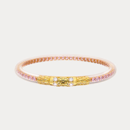 The Queen All Weather Bangles® in Petal Pink & Gold with pink crystals, gold rose-engraved clasp; sizes S, M, L.