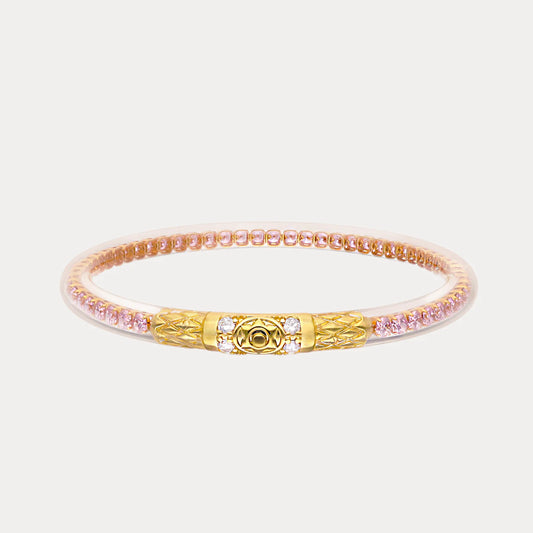 The Queen All Weather Bangles® in Petal Pink & Gold with pink crystals, gold rose-engraved clasp; sizes S, M, L.