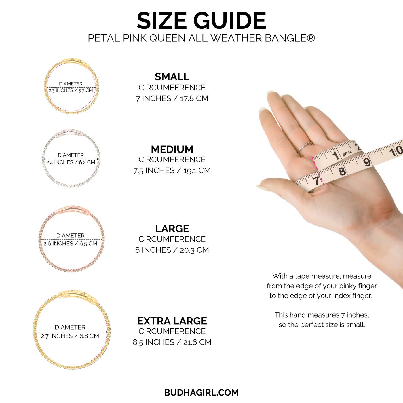 Queen All Weather Bangles® | Petal Pink & Gold; four sizes shown with measurements. Pink crystals, lotus bead accents.