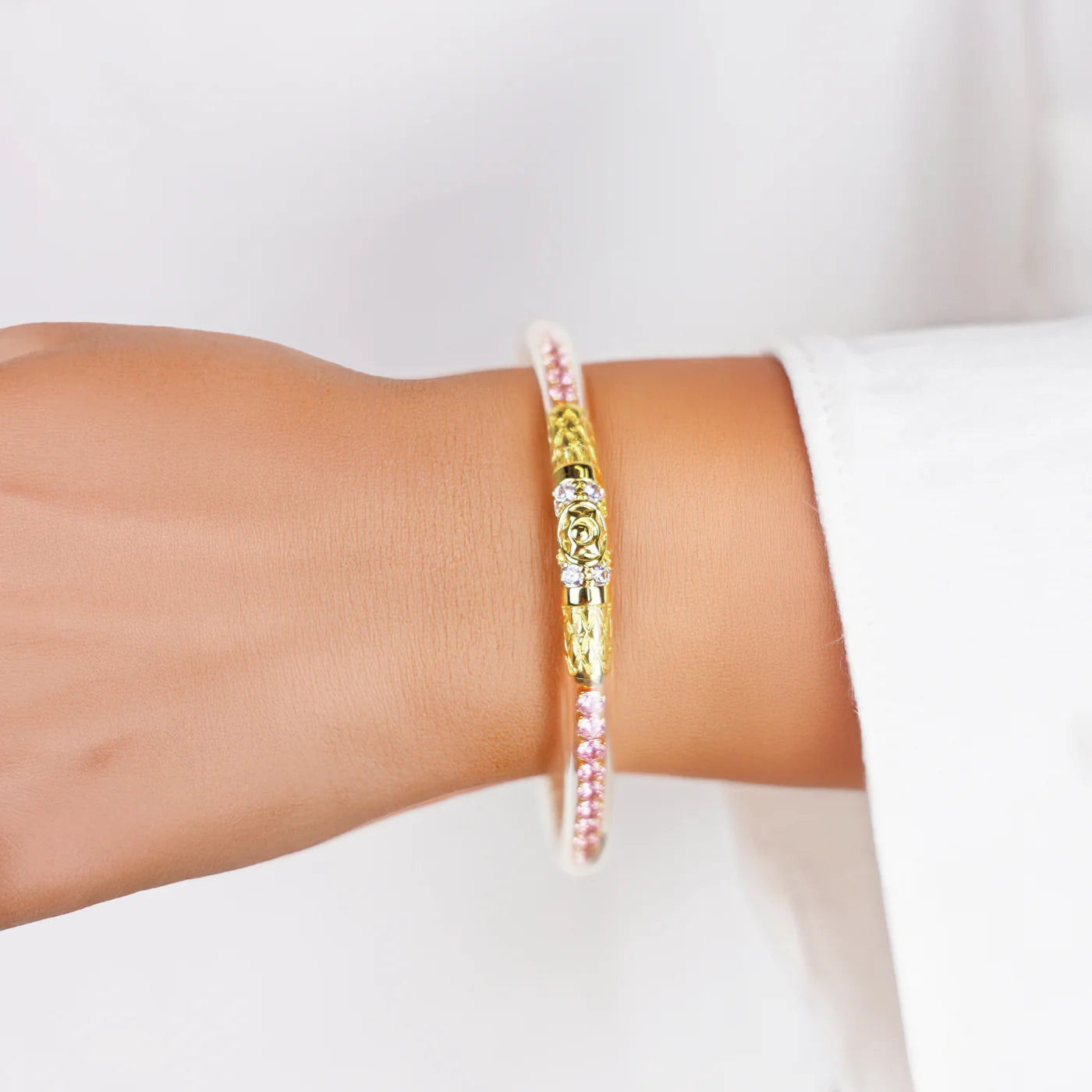 Queen All Weather Bangles® in Petal Pink & Gold with crystals and lotus bead clasp. Available in S, M, L, XL.