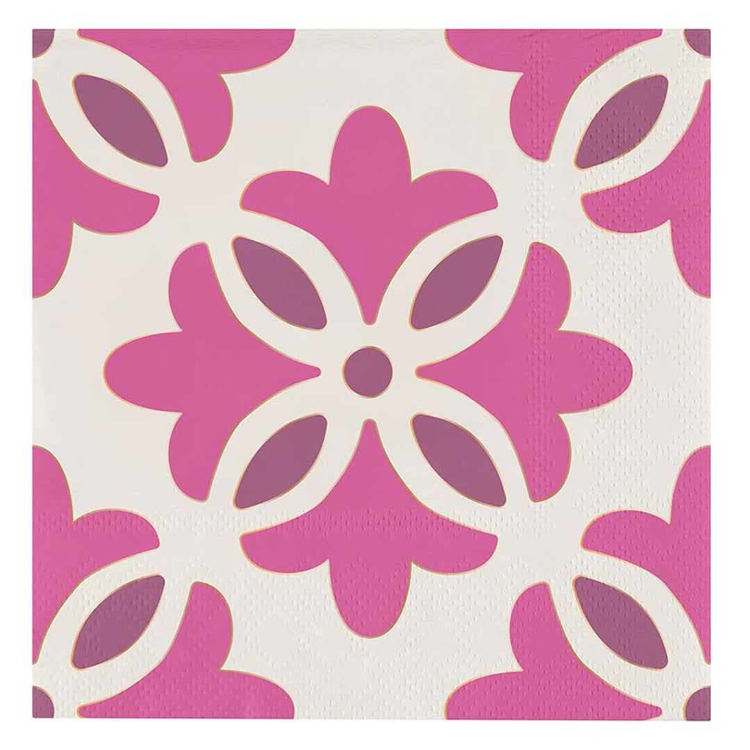 The Ceramic Napkin Tray + Napkins Set includes a tray featuring pink and purple floral shapes with white accents on a cream background. Available sizes: One size.