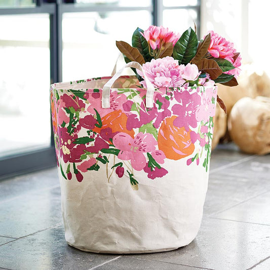 Large Canvas Storage Tote - Flower: Sturdy canvas tote with pink and orange floral patterns and green leaves. Available in Large size.