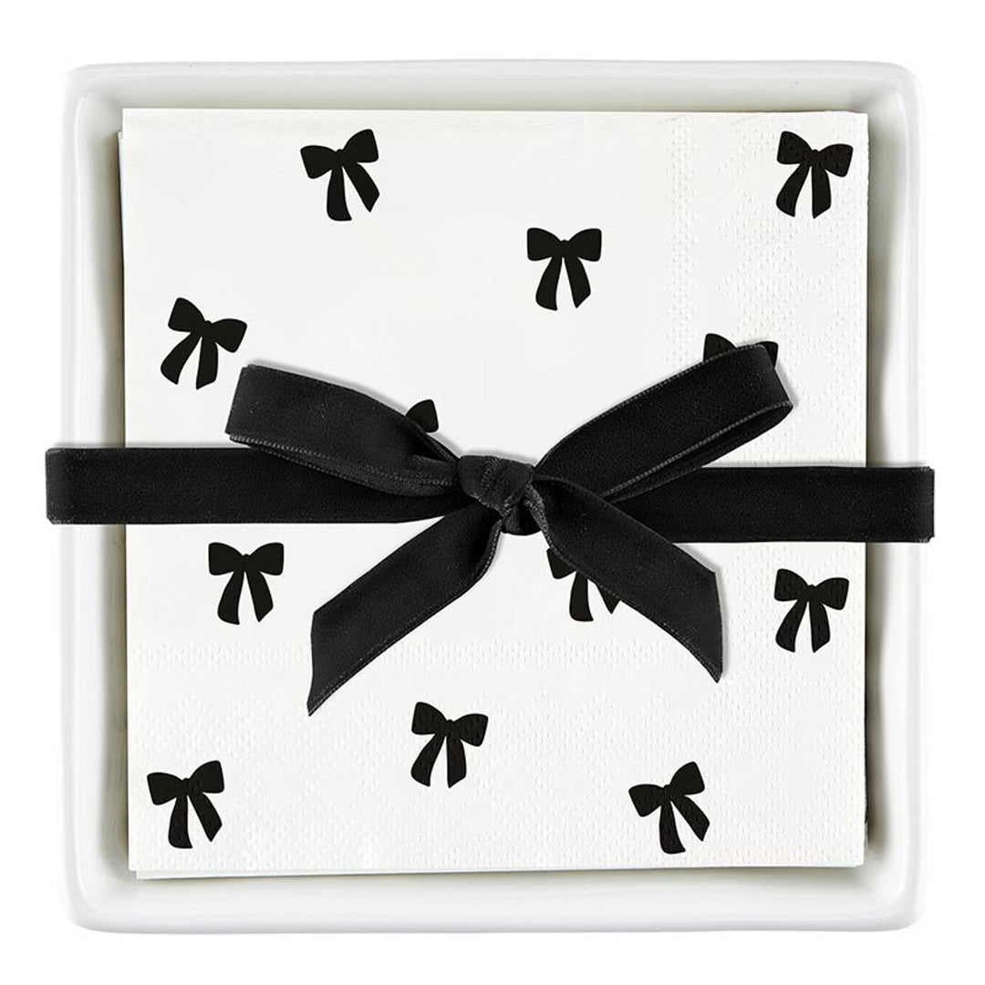 Ceramic Napkin Tray + Napkins Set: White ceramic tray with white cocktail napkins featuring black bow designs. Sizes available: One size.