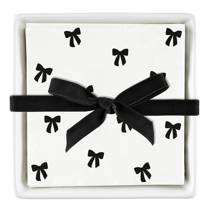 Ceramic Napkin Tray + Napkins Set: White ceramic tray with white cocktail napkins featuring black bow designs. Sizes available: One size.