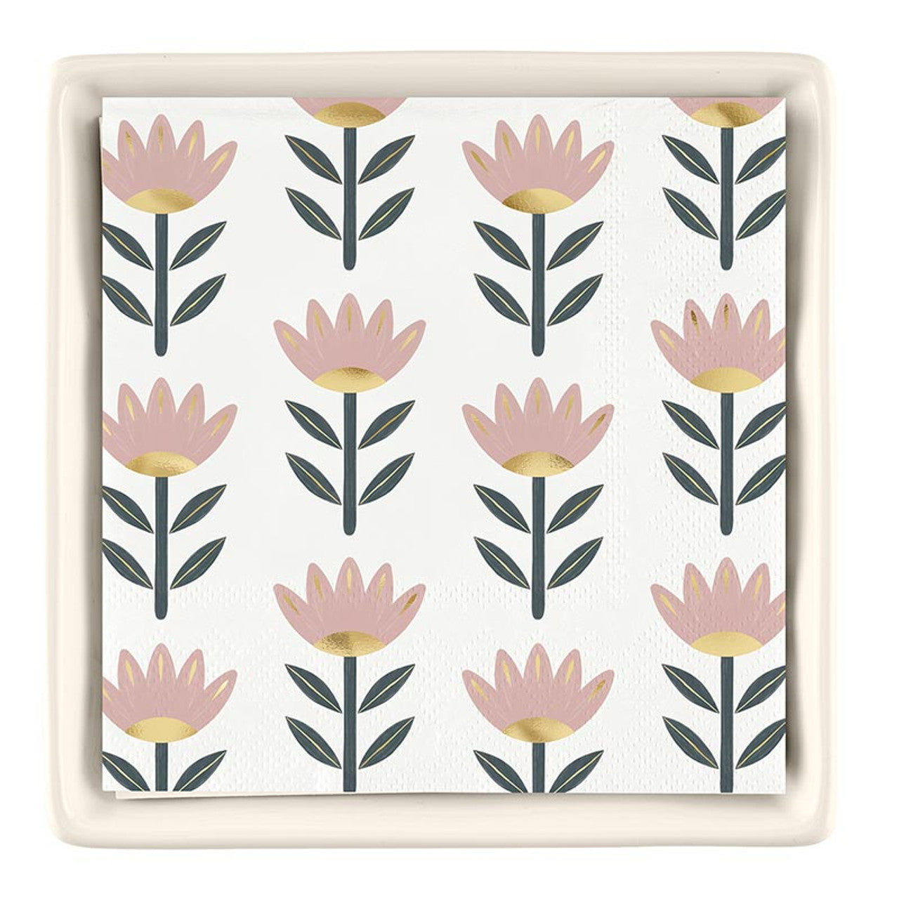 The Ceramic Napkin Tray + Napkins Set features a white napkin with pink and gold floral designs, complemented by green leaves. No specific sizes available.