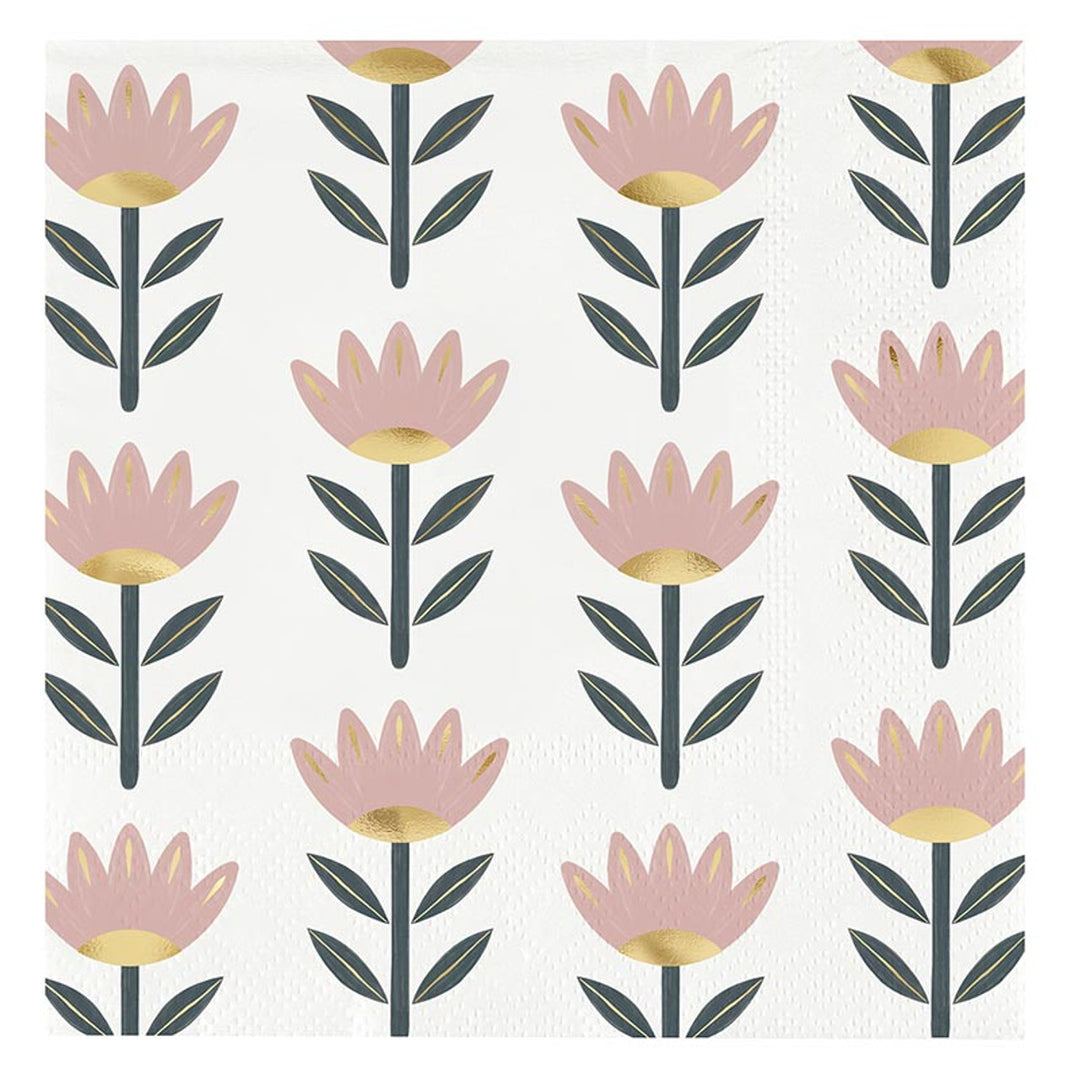 The Ceramic Napkin Tray + Napkins Set features stylized pink flowers with gold centers and dark green leaves on a white background, offering a sophisticated look. Available sizes: one size.