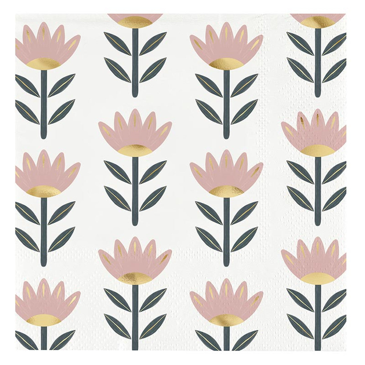 The Ceramic Napkin Tray + Napkins Set features stylized pink flowers with gold centers and dark green leaves on a white background, offering a sophisticated look. Available sizes: one size.
