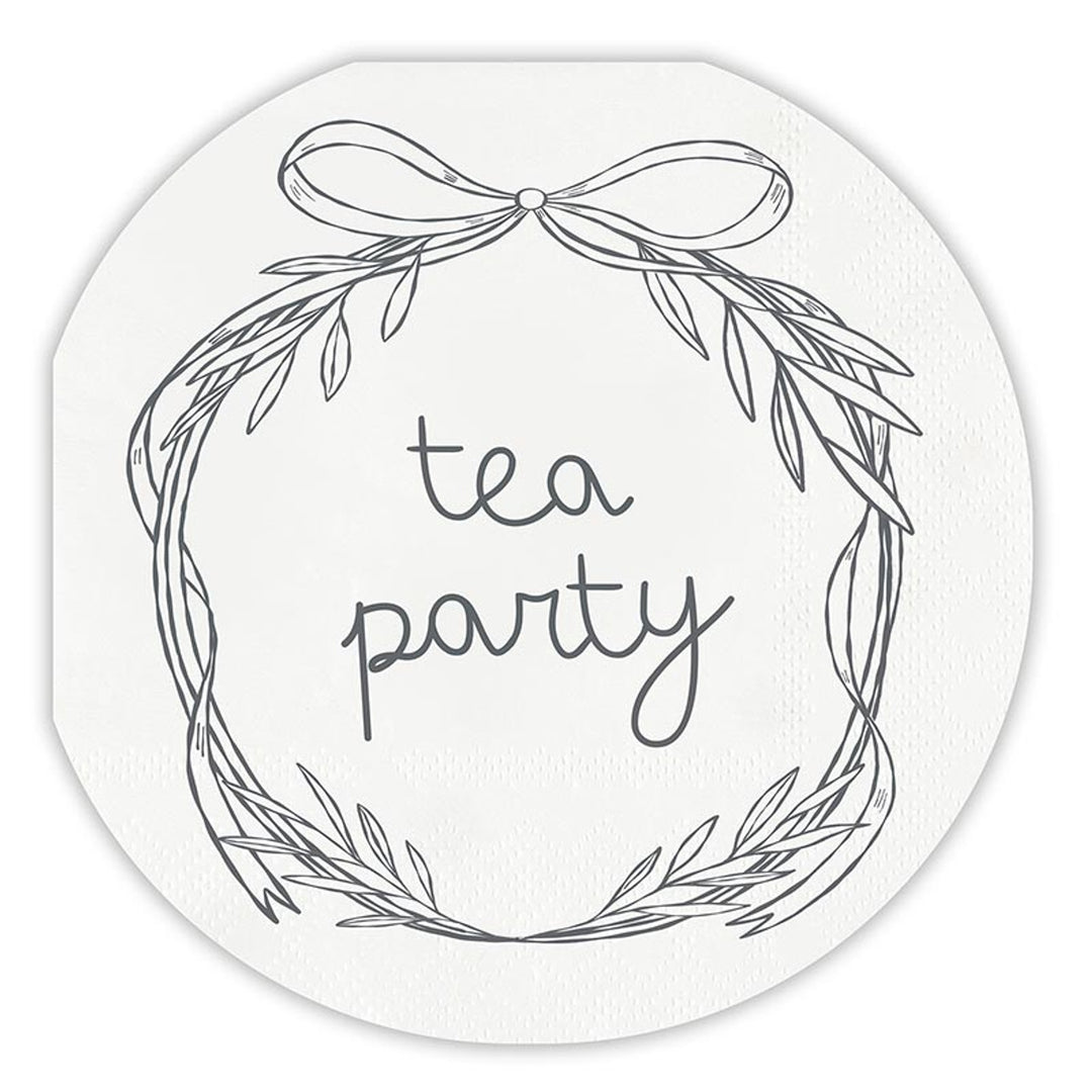 Die-Cut Cocktail Napkins - Tea Party: Simple wreath with "Tea Party" in cursive, ribbon accent, white background. Sizes available: 5" x 5".