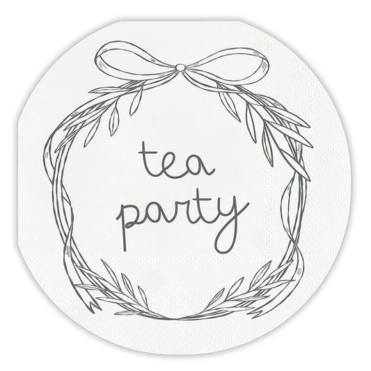 Die-Cut Cocktail Napkins - Tea Party: Simple wreath with "Tea Party" in cursive, ribbon accent, white background. Sizes available: 5" x 5".