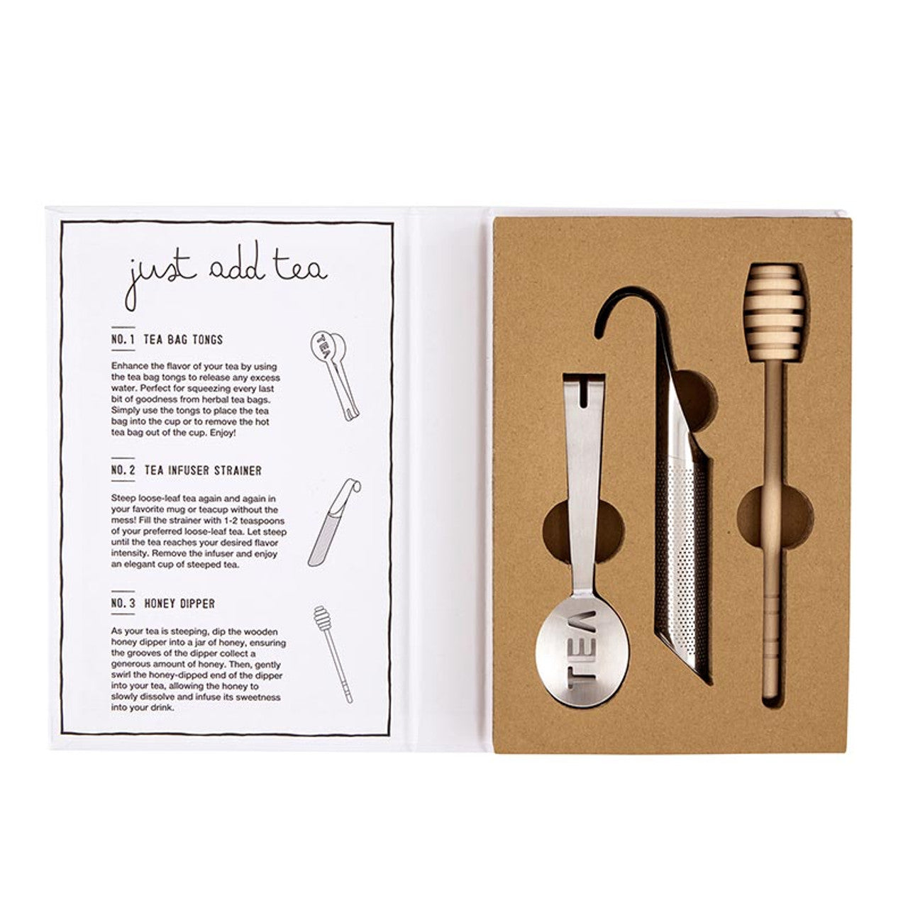 The "Tea Essential Book Box - Spill The Tea" gift set includes a tea bag tong, versatile tea infuser strainer, and honey dipper.