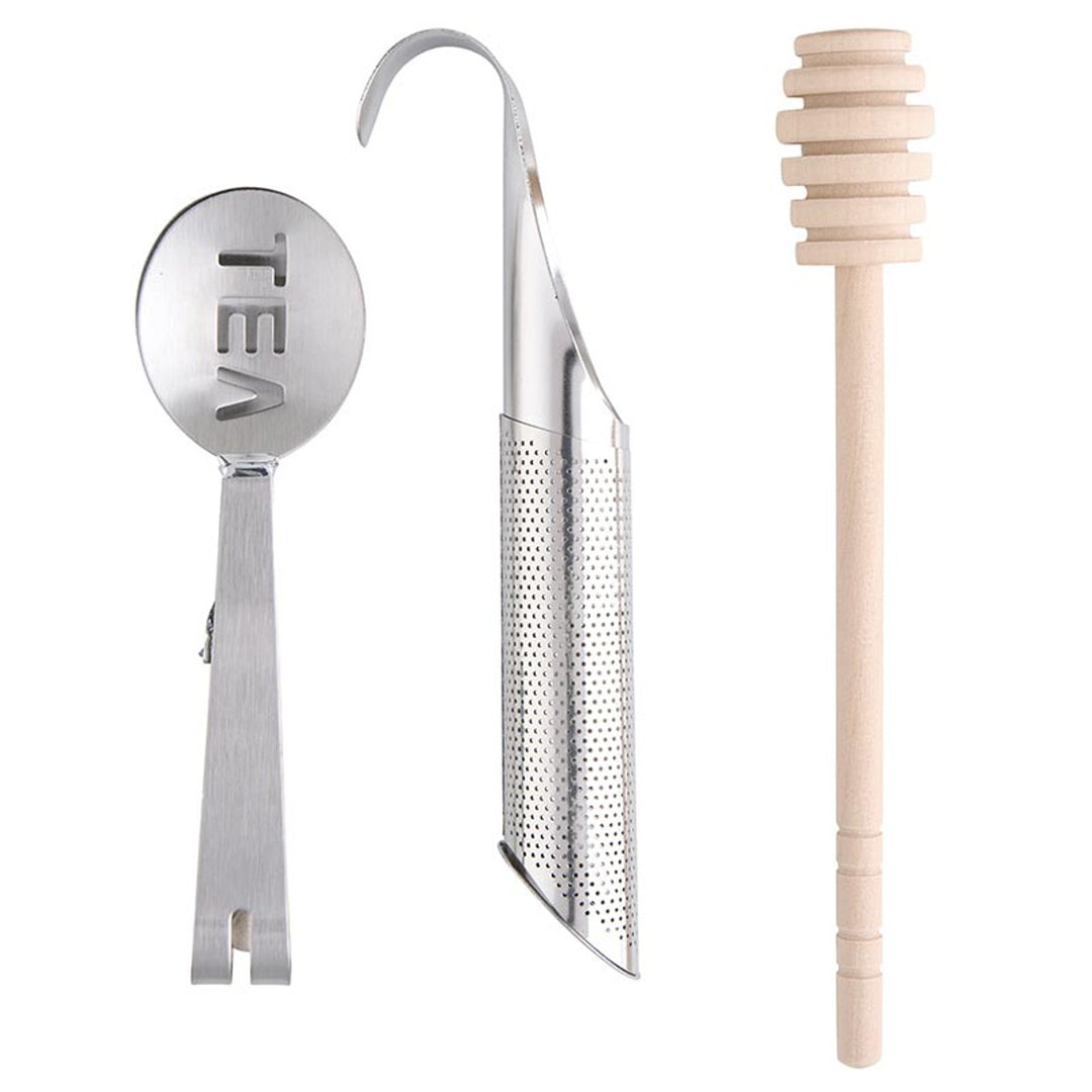 The Tea Essential Book Box - Spill The Tea includes a stainless steel scoop with "TEA" cutout, an infuser strainer with hook, and a wooden honey dipper. Sizes available: standard.