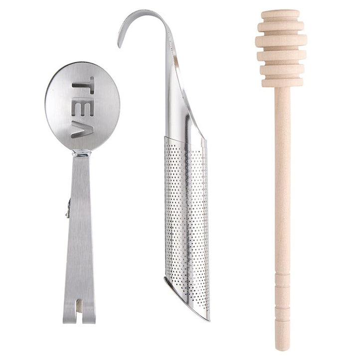 The Tea Essential Book Box - Spill The Tea includes a stainless steel scoop with "TEA" cutout, an infuser strainer with hook, and a wooden honey dipper. Sizes available: standard.