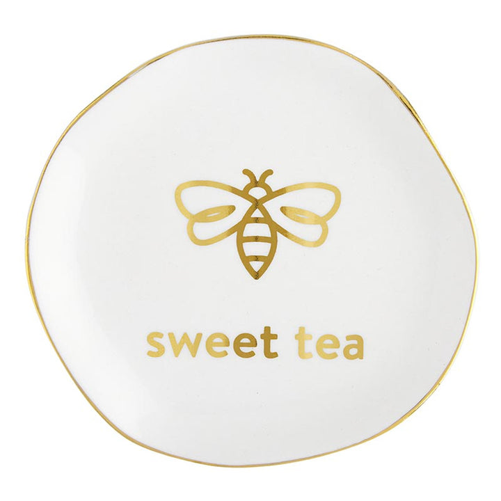 Ceramic Tea Bag Holder - white with gold bee design and "sweet tea" lettering. Handcrafted wavy edge. Sizes: One size available.