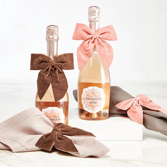 Velvet Wine Bottle Bows for prosecco rosé bottles. Sizes: Not specified.
