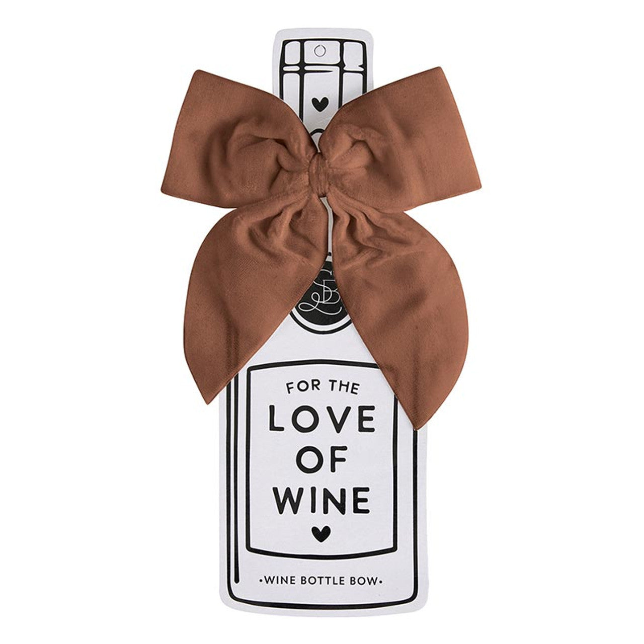 Velvet Wine Bottle Bow featuring a large brown velvet bow with "FOR THE LOVE OF WINE" label. Handcrafted in India. Available sizes: One size fits most wine bottles.