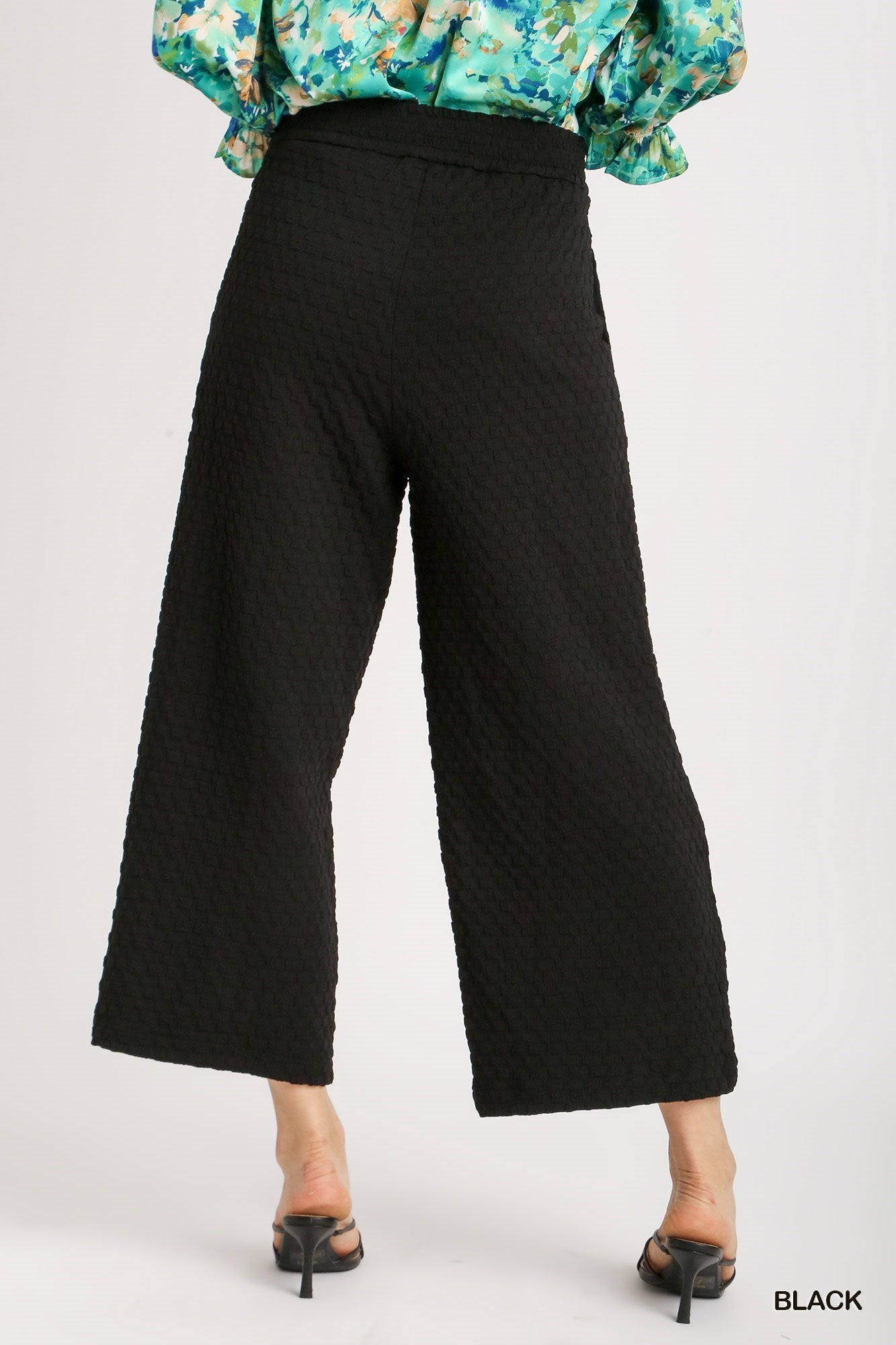 Square Jacquard Wide Fit Pants with Pleats & Elastic Waistband. Sizes: S, M, L, XL.