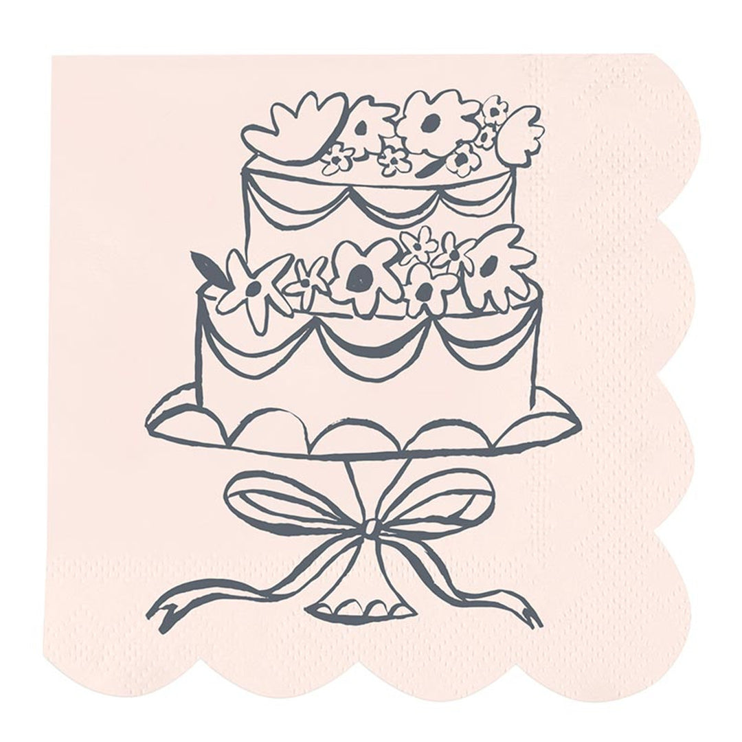 The Scalloped Cocktail Napkin - Cake showcases a sketched black illustration of a two-tiered cake with floral decorations and a bow-topped stand. Available in one size.