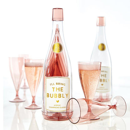 Pink acrylic champagne bottle labeled "I'll bring the bubbly" with stackable glasses. Available in small, medium, and large.