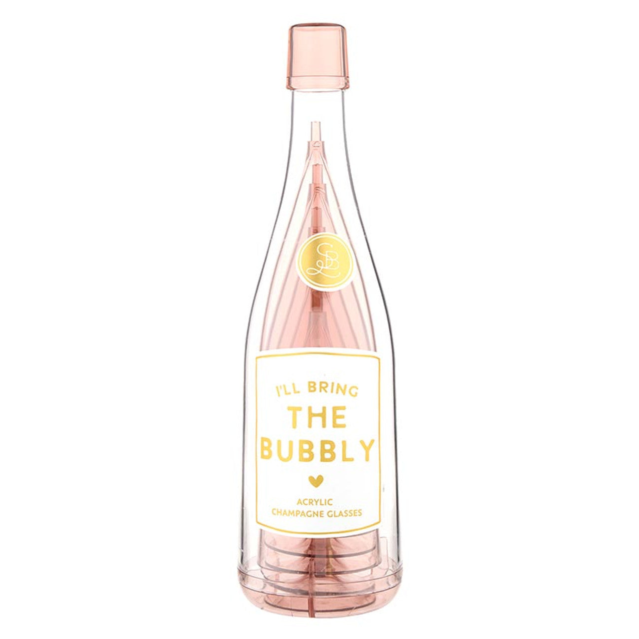 Clear, pink-tinted acrylic bottle labeled "I'LL BRING THE BUBBLY" with stackable champagne glasses. Sizes available.
