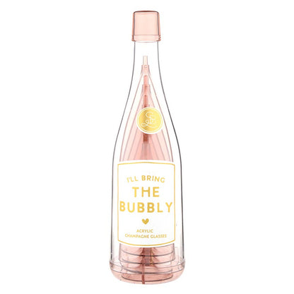 Clear, pink-tinted acrylic bottle labeled "I'LL BRING THE BUBBLY" with stackable champagne glasses. Sizes available.