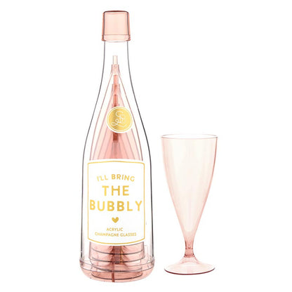 Pink-tinted acrylic champagne bottle labeled "I'll Bring The Bubbly" with stackable glasses inside. Sizes available.