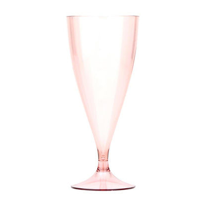 Transparent pink Bubbly Acrylic Champagne Bottle + Glasses set; flute with wide bowl, slender stem. Sizes: standard, large.
