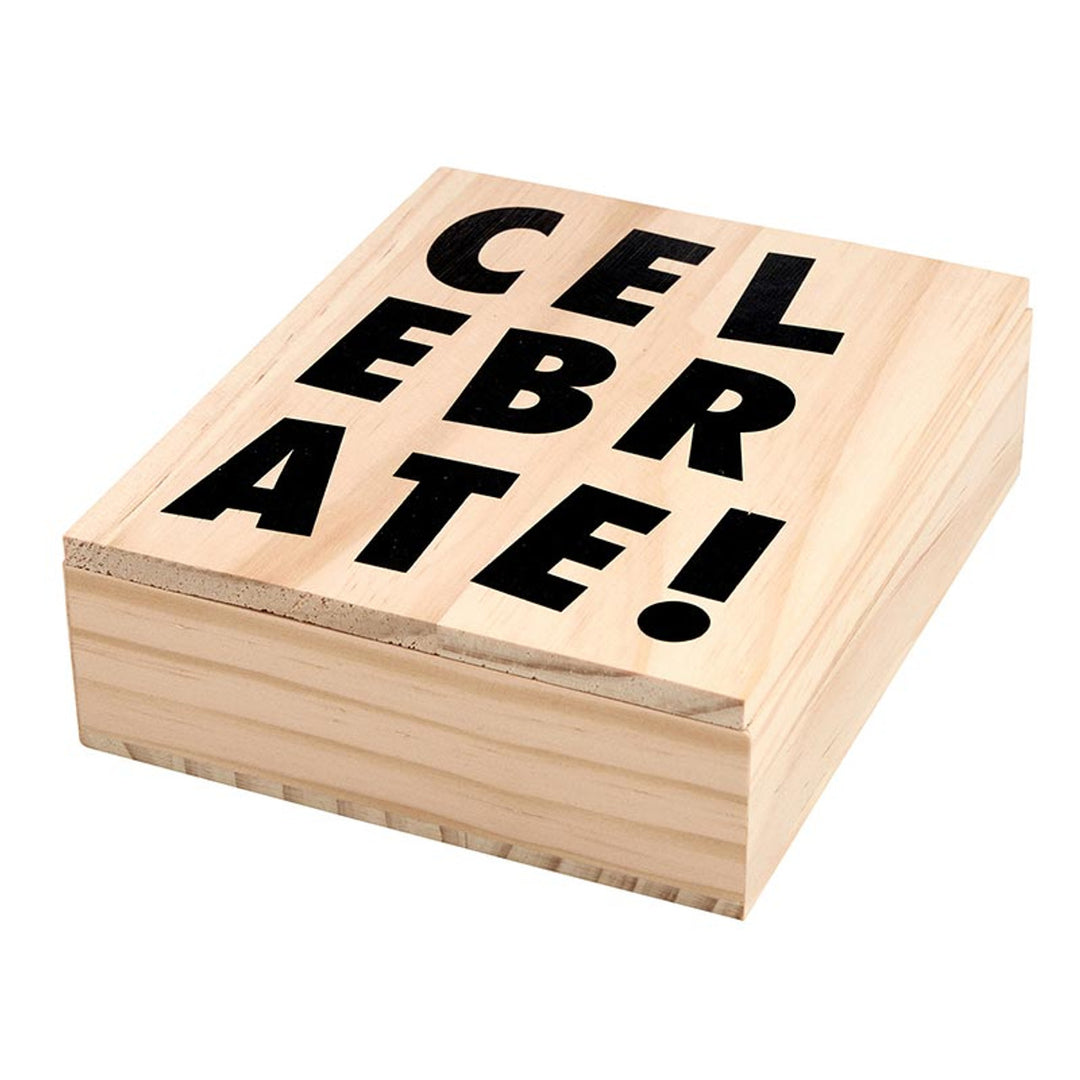Wooden keepsake box with "CELEBRATE!" in bold black letters on the lid. Available size: Medium.