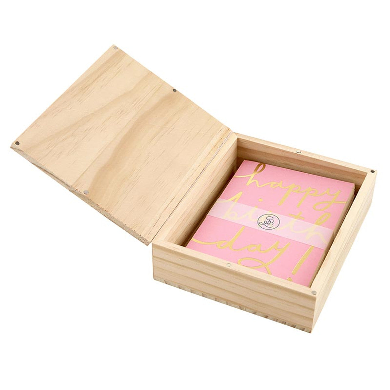 Greeting Card Set: Includes a pink birthday card with gold "happy birthday!" lettering. Comes with a wooden box. Available sizes: Standard A2 (4.25" x 5.5").