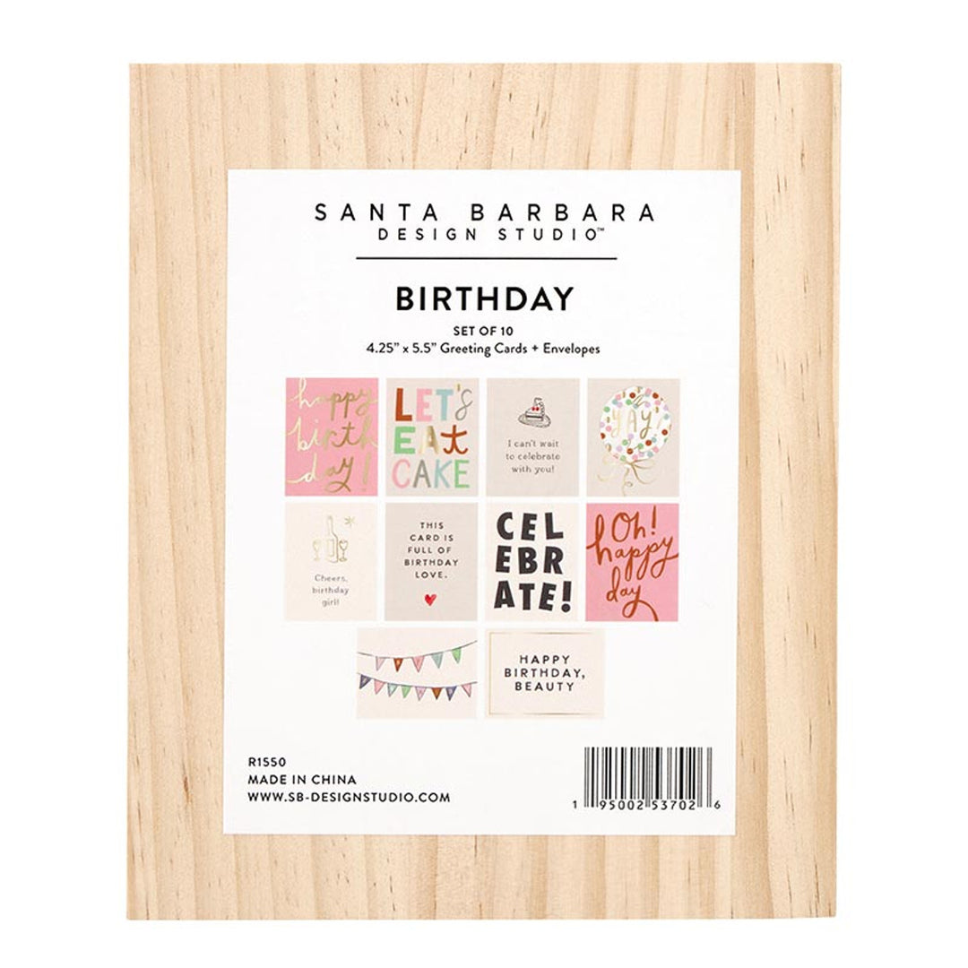 The Greeting Card Set with Wood Box - Birthday includes 10 cards and envelopes featuring colorful designs and messages like "Celebrate" and "Happy Birthday." Each card is 4.25" x 5.5", packaged in a charming wood box.