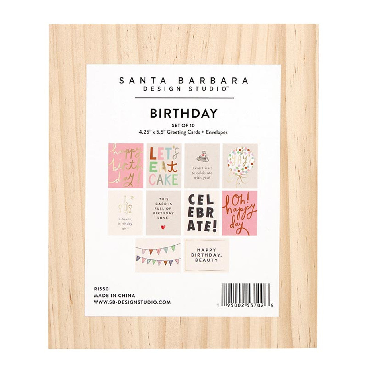The Greeting Card Set with Wood Box - Birthday includes 10 cards and envelopes featuring colorful designs and messages like "Celebrate" and "Happy Birthday." Each card is 4.25" x 5.5", packaged in a charming wood box.