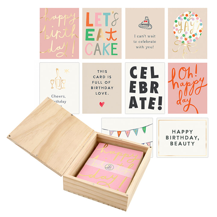 Greeting card set with festive designs and cheerful messages. Sizes available are standard greeting card size.