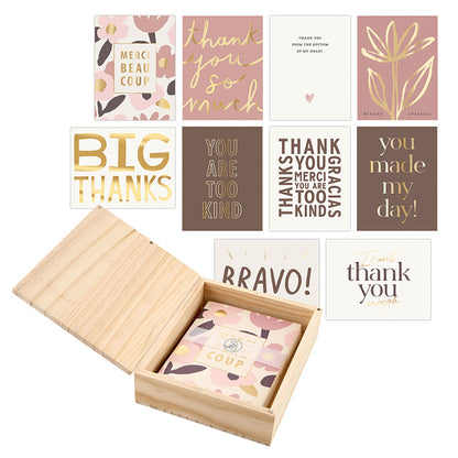 Wooden box with 10 thank you cards in gold, beige, and pink. Each card is unique; set size: 4x6 inches.