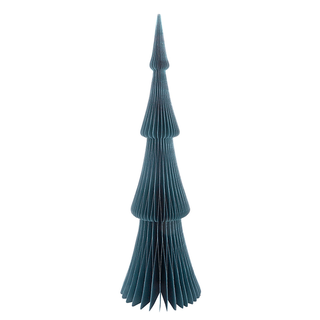 Navy blue honeycomb paper tree in an accordion-folded Frasier Fir shape.