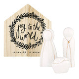 Holy Family Pine Wood Box shaped like a house featuring “joy to the world” inside a wreath.