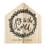 House-shaped Holy Family Pine Wood Box (Joy to the World) with a “joy to the world” wreath illustration and “a savior is born” text.