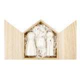 Holy Family Pine Wood Box (Joy to the World) with three white, stylized nativity figures.