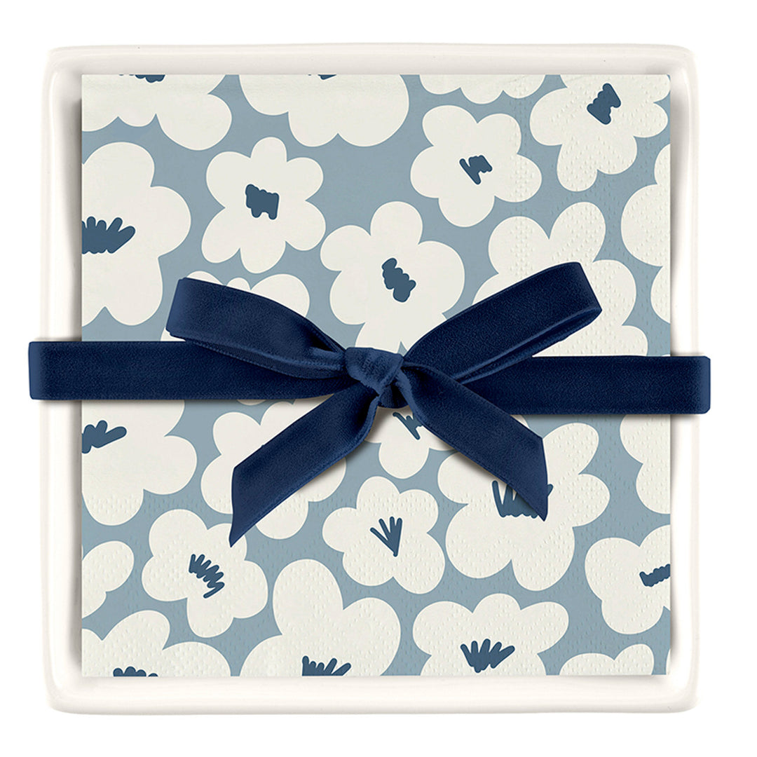 Ceramic Napkin Tray + Napkins with blue/white floral lid, dark blue velvet ribbon. Available sizes: standard.