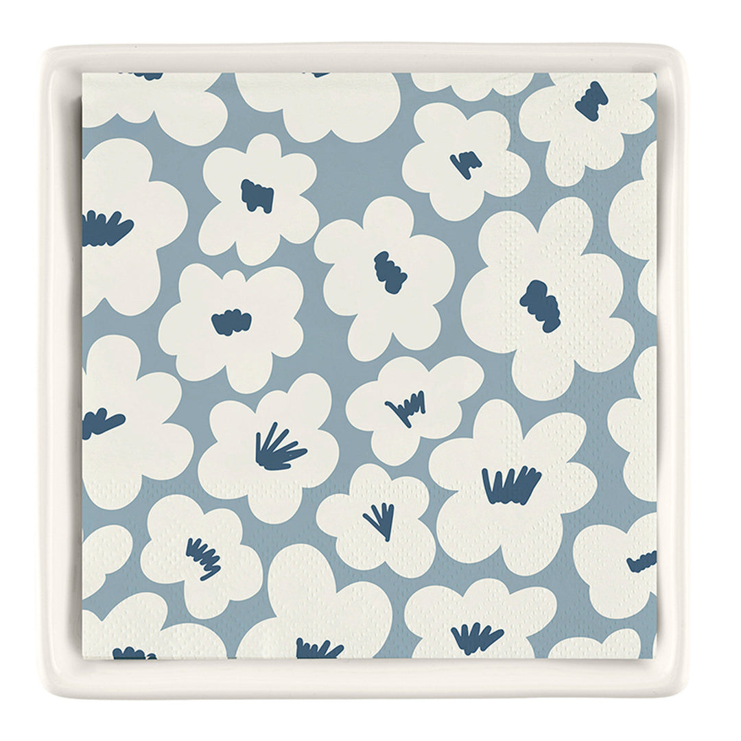 White ceramic tray with square napkins featuring white floral and dark blue details. Sizes available: standard.