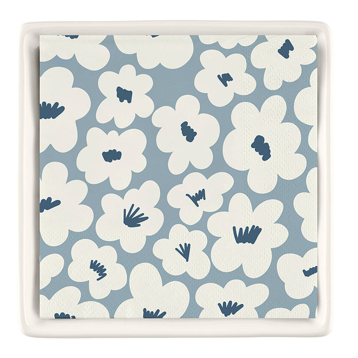 White ceramic tray with square napkins featuring white floral and dark blue details. Sizes available: standard.